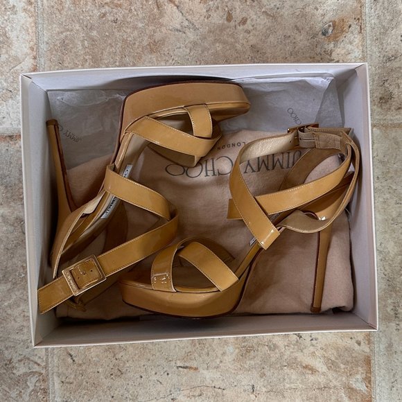 Jimmy Choo Vamp Sandal Tan Nude Patent Leather Sz. 38 1/2 Platform High heel - Picture 8 of 10